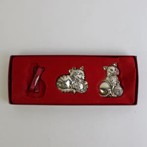 Gorham "Christmas Cats" Silver Plated Ornaments Set of 2 Left in Box #212450