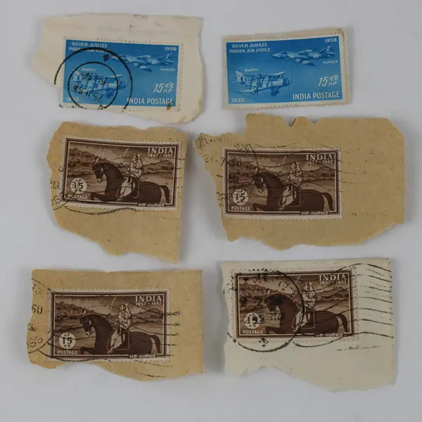 Lot Of 6 India 15nP Stamps Used On Paper Air Force 1958 Lakshmibai 1957