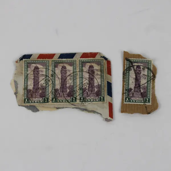 Lot Of 4 India Victory Tower Chittorgarh 1 Rupee Stamps Used Canceled On Paper