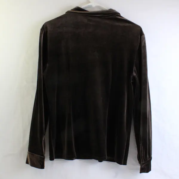 Vintage INC Women's 10P Brown Velour Button Up Long Sleeve Collared Blouse