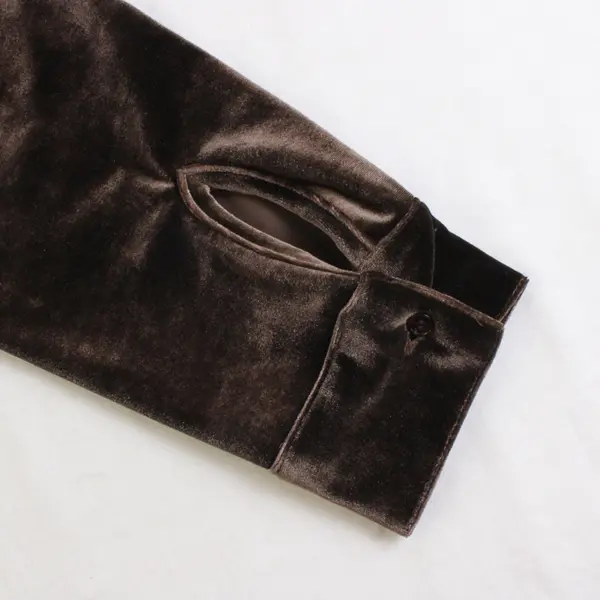 Vintage INC Women's 10P Brown Velour Button Up Long Sleeve Collared Blouse