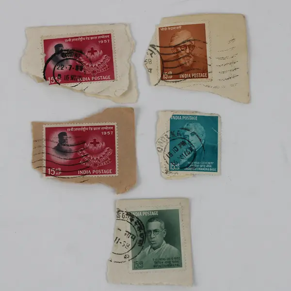 Lot Of 5 India 15nP Stamps Used On Paper Red Cross 1957 Famous Figures 1958