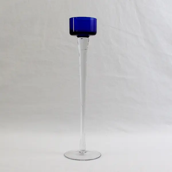 Unbranded Clear Glass & Blue Stemmed Votive Candle Holder 10.25" Tall