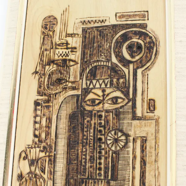 Vintage Framed 24.5" x 9.5" Wood Burnt Art Work Signed Hamouda 76 
