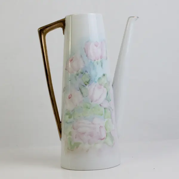 Unbranded Ceramic Floral Pattern Gold Trim Tall Slim Tea Pot Without Lid 10.25"