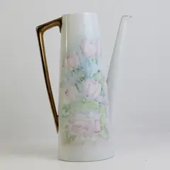 Unbranded Ceramic Floral Pattern Gold Trim Tall Slim Tea Pot Without Lid 10.25"