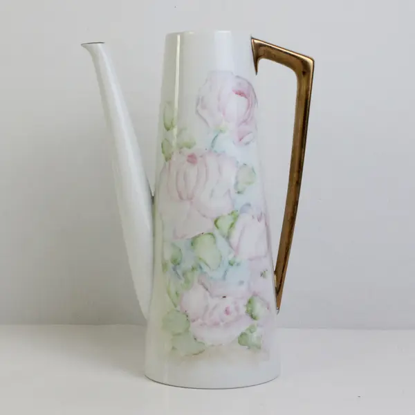 Unbranded Ceramic Floral Pattern Gold Trim Tall Slim Tea Pot Without Lid 10.25"