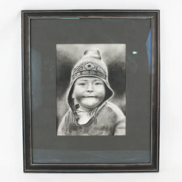 Framed And Matted Charcoal Print Of A Peruvian Child  21.75" x 18.25"