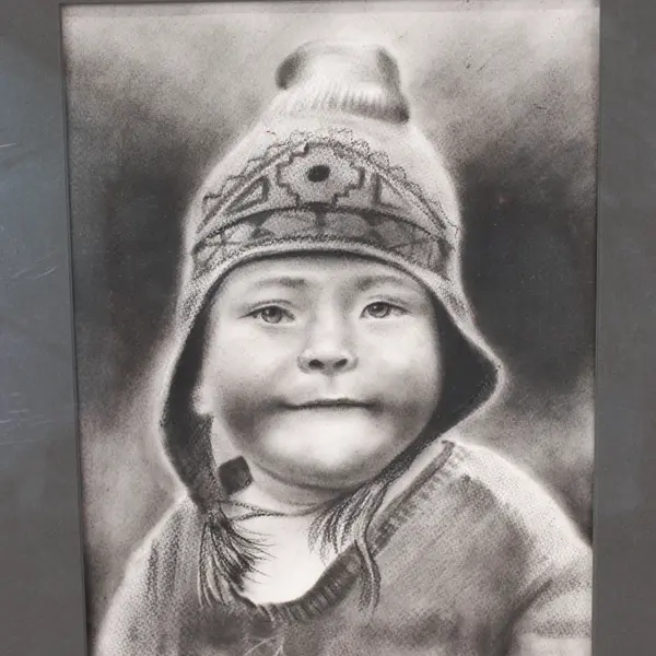 Framed And Matted Charcoal Print Of A Peruvian Child  21.75" x 18.25"