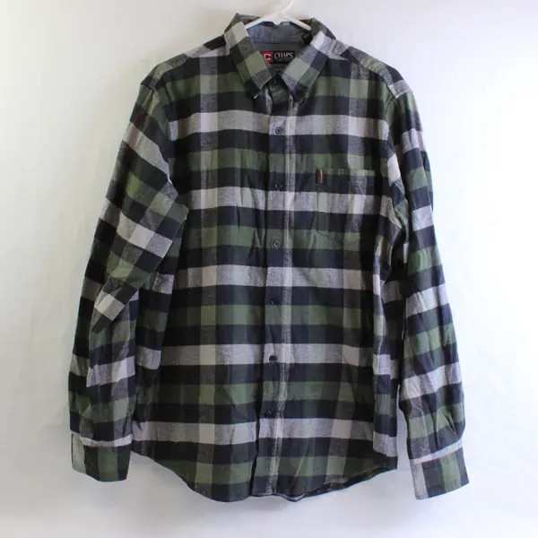 Chaps Men's Size Large Stretch Green Plaid Long Sleeve Button Up Flannel Shirt