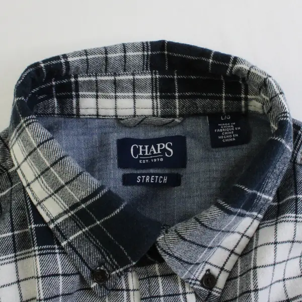 Chaps Men's L Stretch Blue Plaid Long Sleeve Button Up Flannel Shirt