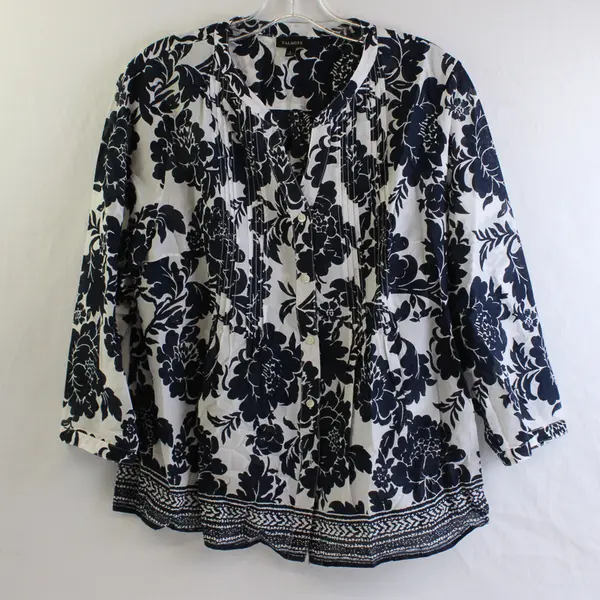 Talbots Women's L Blue & White Floral Print Button Down 3/4 Sleeve Blouse