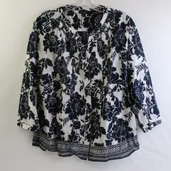 Talbots Women's L Blue & White Floral Print Button Down 3/4 Sleeve Blouse