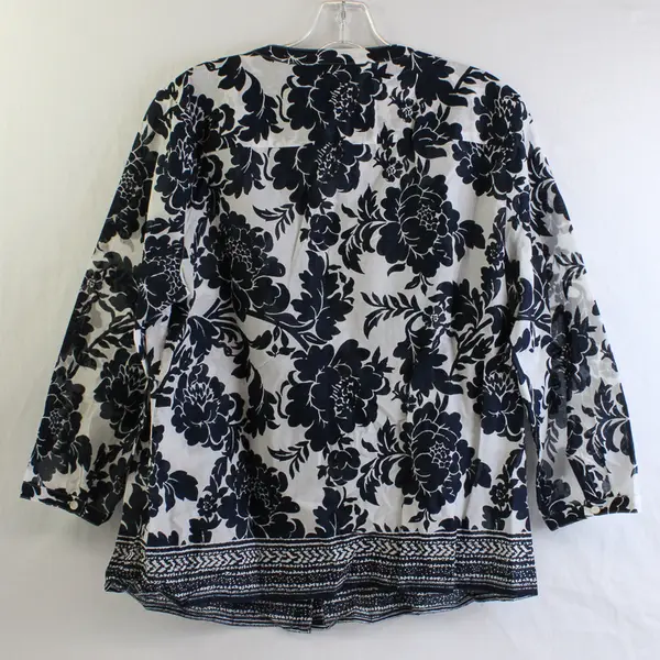Talbots Women's L Blue & White Floral Print Button Down 3/4 Sleeve Blouse