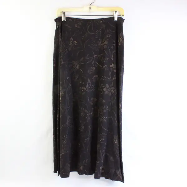 VTG Jones New York Petite Women's 12P Brown Floral 100% Silk Midi Skirt
