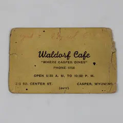 Vintage Waldorf Cafe Casper Wyoming Restaurant Business Card 1950s