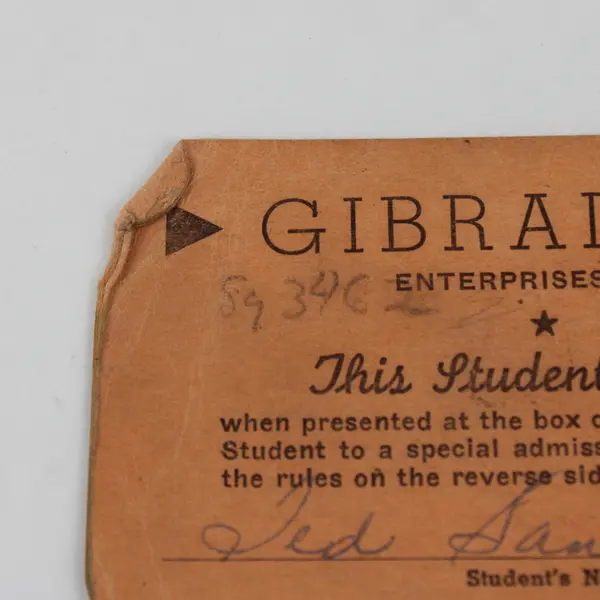 Vintage Gibraltar Theaters Student Discount Card Casper Wyoming Ted Sanders