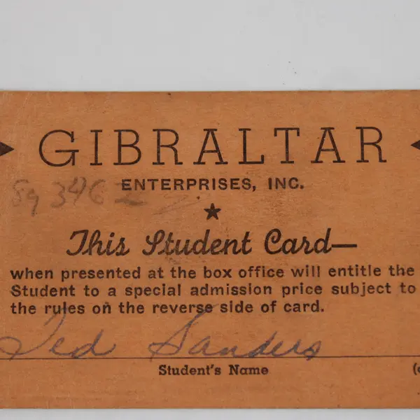 Vintage Gibraltar Theaters Student Discount Card Casper Wyoming Ted Sanders