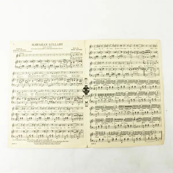 Hawaiian Lullaby Sheet Music Words by Dorothy Terriss Music by Ethel Bridges