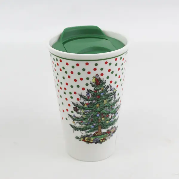 Spode Christmas Tree Polka Dot Travel Coffee Mug 8oz Ceramic With Lid