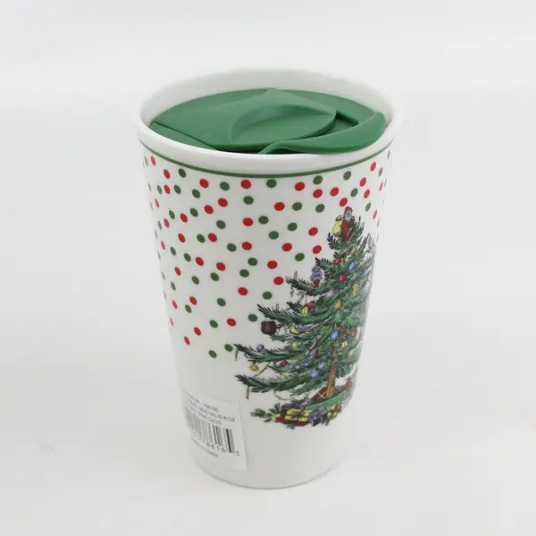 Spode Christmas Tree Polka Dot Travel Coffee Mug 8oz Ceramic With Lid