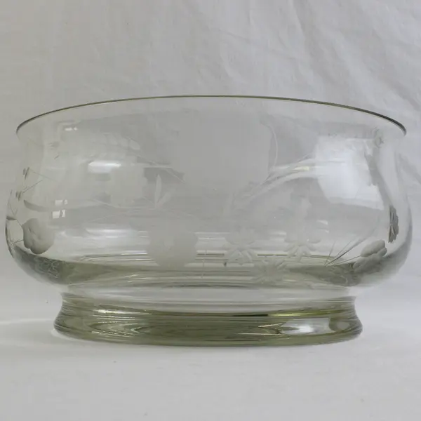 Floral Etched Glass Decorative Bowl 9.5" Diameter FLAWED