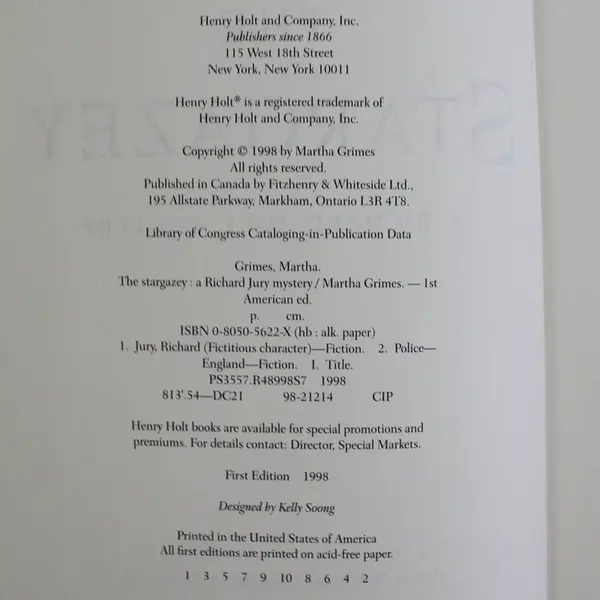 The Stargazey by Martha Grimes 1998 1st Edition A Richard Jury Mystery HC DJ 