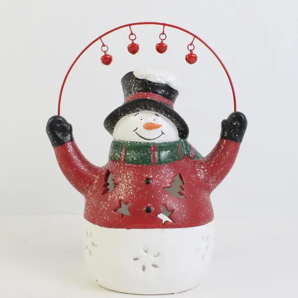 Heavy Christmas Porcelain Snowman, opening in back for Candle, 9" Tall 