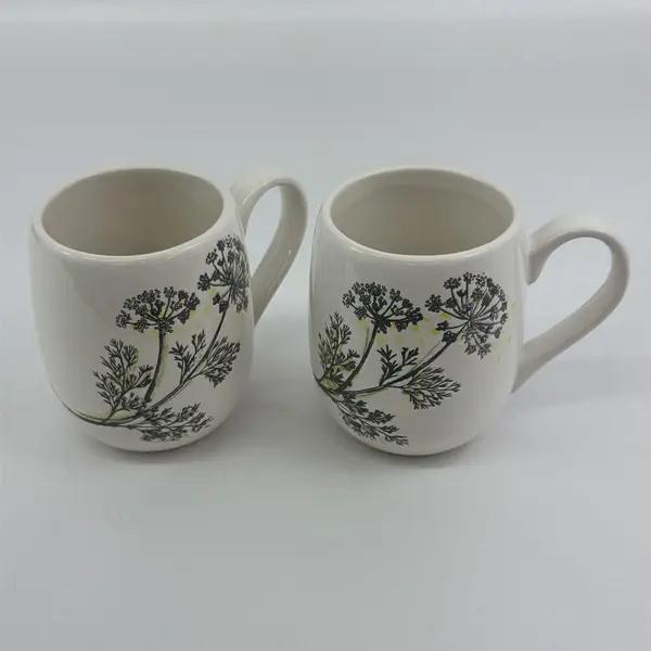 Set of 2 Tag Ceramic Coffee Mugs White With  Gray Queen Ann's Lace Pattern 