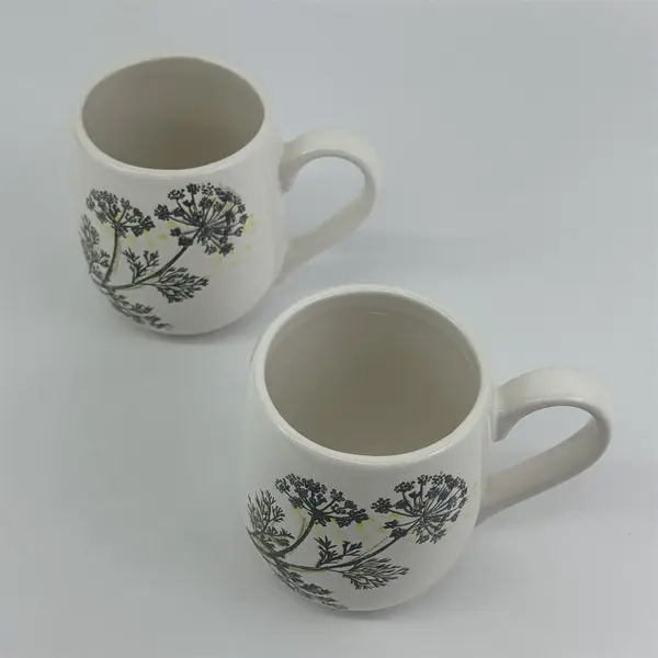 Set of 2 Tag Ceramic Coffee Mugs White With  Gray Queen Ann's Lace Pattern 