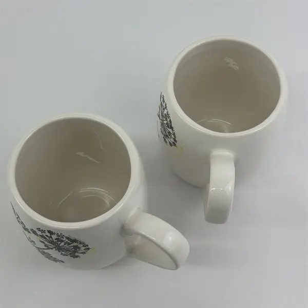 Set of 2 Tag Ceramic Coffee Mugs White With  Gray Queen Ann's Lace Pattern 