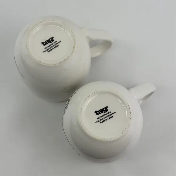 Set of 2 Tag Ceramic Coffee Mugs White With  Gray Queen Ann's Lace Pattern 