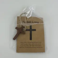 Wooden Pocket Prayer Cross and small Heart Charm with Prayer Card in bag 