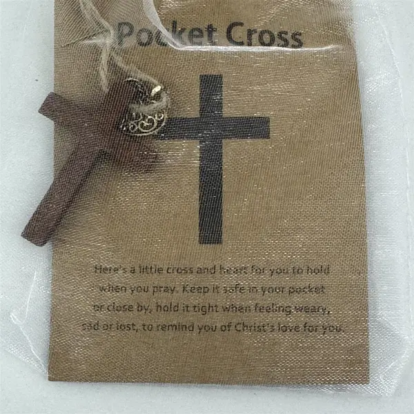 Wooden Pocket Prayer Cross and small Heart Charm with Prayer Card in bag 
