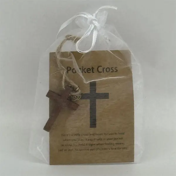 Wooden Pocket Prayer Cross and small Heart Charm with Prayer Card in bag 
