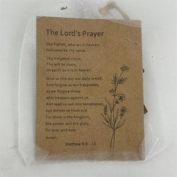 Wooden Pocket Prayer Cross and small Heart Charm with Prayer Card in bag 