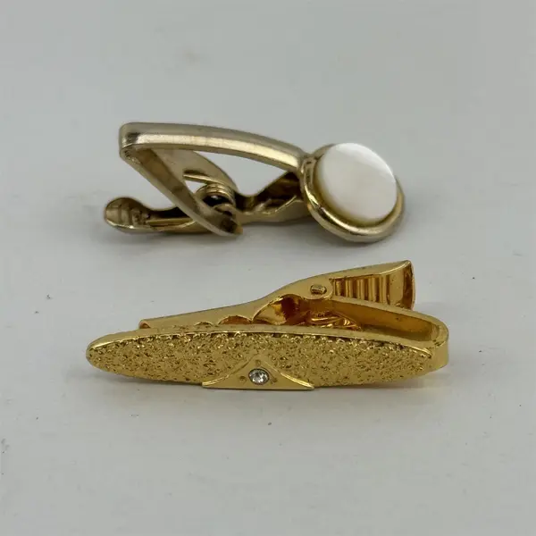 Two Small Misc. Men's Neck Tie Clips, 1 gold tone one and 1  silver/ivory tone 