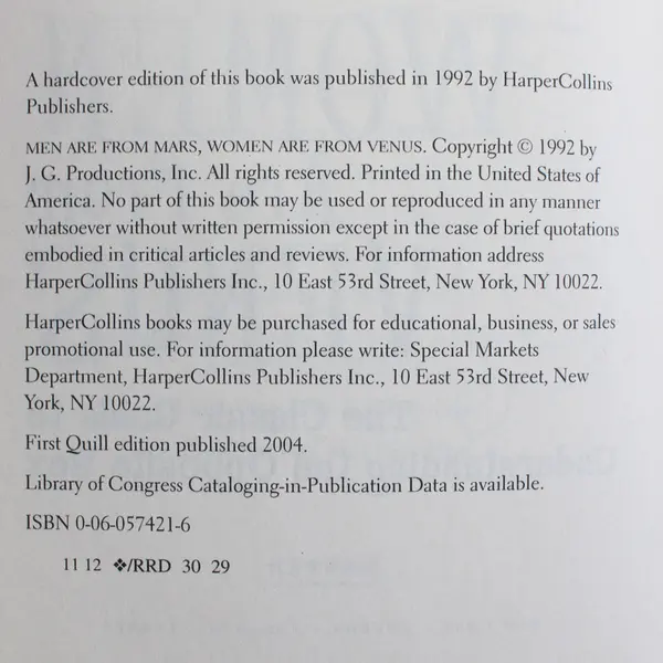 Men Are from Mars, Women Are from Venus SC Book, 1st Quill Ed. 2004