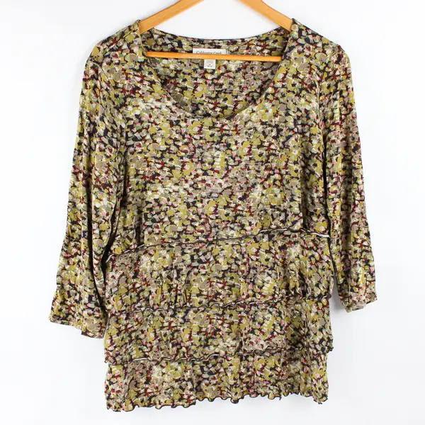 Coldwater Creek Women's M Green Multicolor Abstract Layered 1/2 Sleeve Blouse