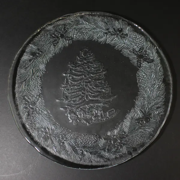 Celebrate The Season Glass Christmas Platter Embossed Christmas Tree & Greenery