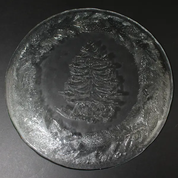 Celebrate The Season Glass Christmas Platter Embossed Christmas Tree & Greenery