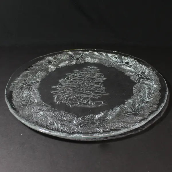 Celebrate The Season Glass Christmas Platter Embossed Christmas Tree & Greenery