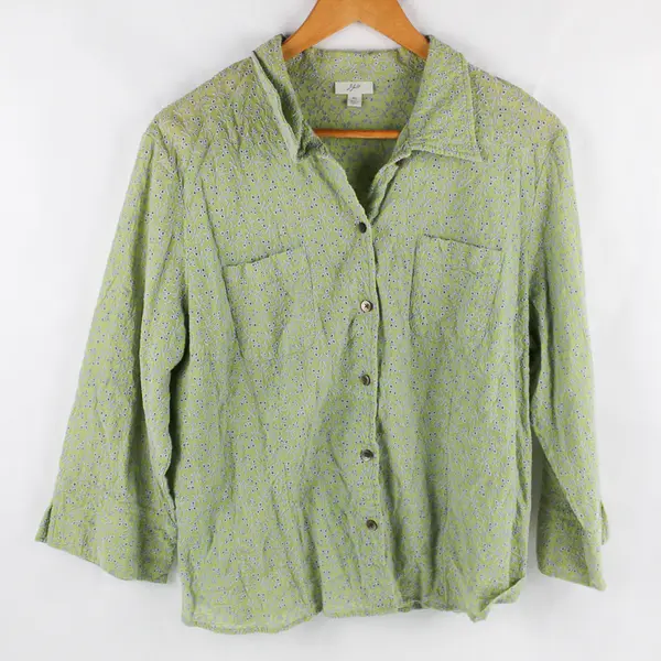 J. Jill Gray Embroidered Eyelet 3/4-Sleeve Green Button-Up Women's XL