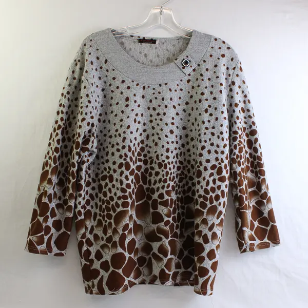 Fashion Collection Women's L Gray/Brown Giraffe Print Half Sleeve Blouse
