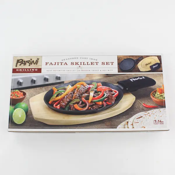 Parini Grilling Collection Fajita Skillet Set /Seasoned Cast Iron 7x14 NIB