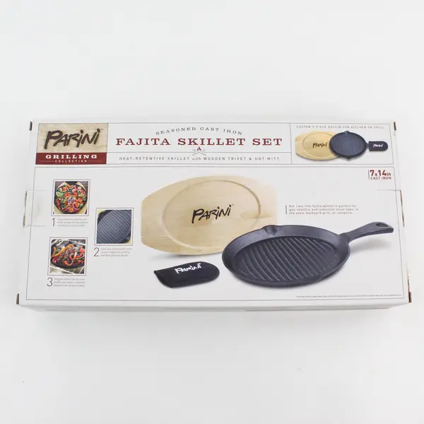 Parini Grilling Collection Fajita Skillet Set /Seasoned Cast Iron 7x14 NIB