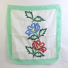Small Floral Cross Stitched Table Linen, 21.8" Square, Hand-Made