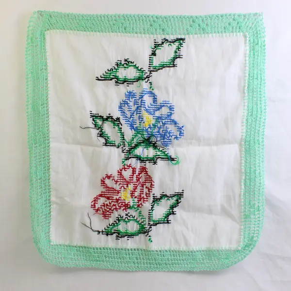 Small Floral Cross Stitched Table Linen, 21.8" Square, Hand-Made