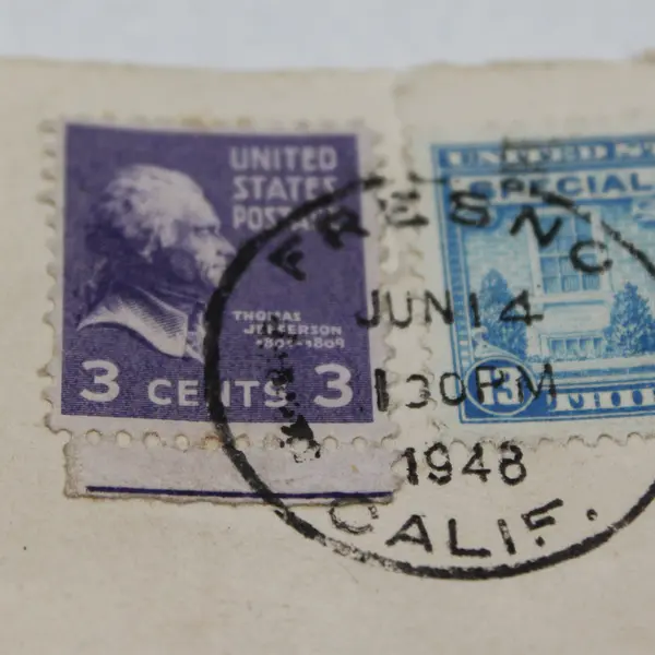 US 1948 Special Delivery Motorcycle Stamp 13c Used Jefferson 3c Stamp On Paper