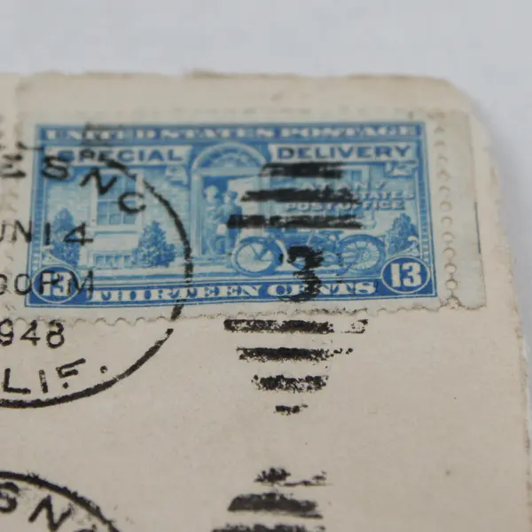 US 1948 Special Delivery Motorcycle Stamp 13c Used Jefferson 3c Stamp On Paper